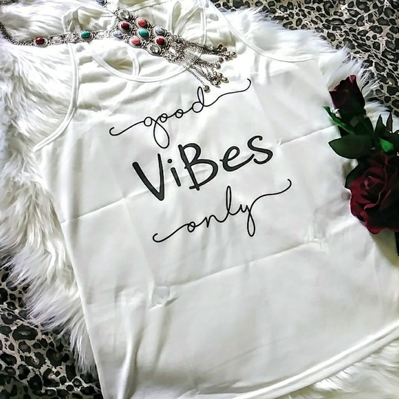 White Good Vibes Printed Tank Top Sz M - Picture 4 of 4